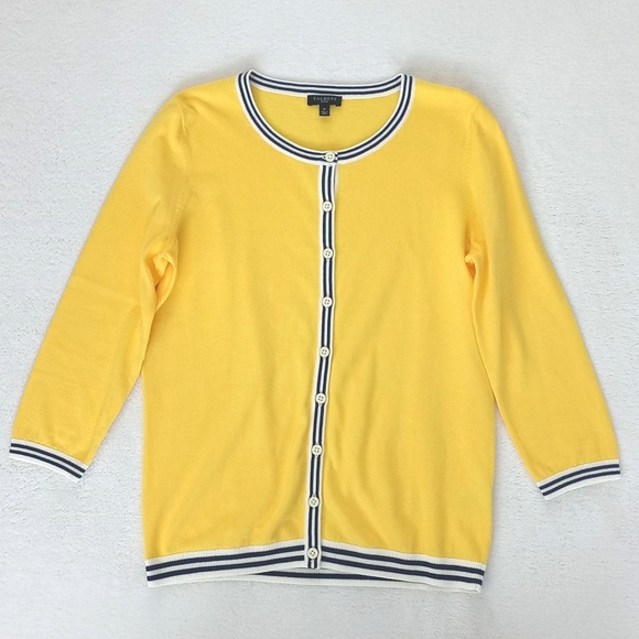 Talbots Women's Canary Yellow w Blue White Trim 3/4 Sleeve Cardigan Sweater P - Picture 9 of 10